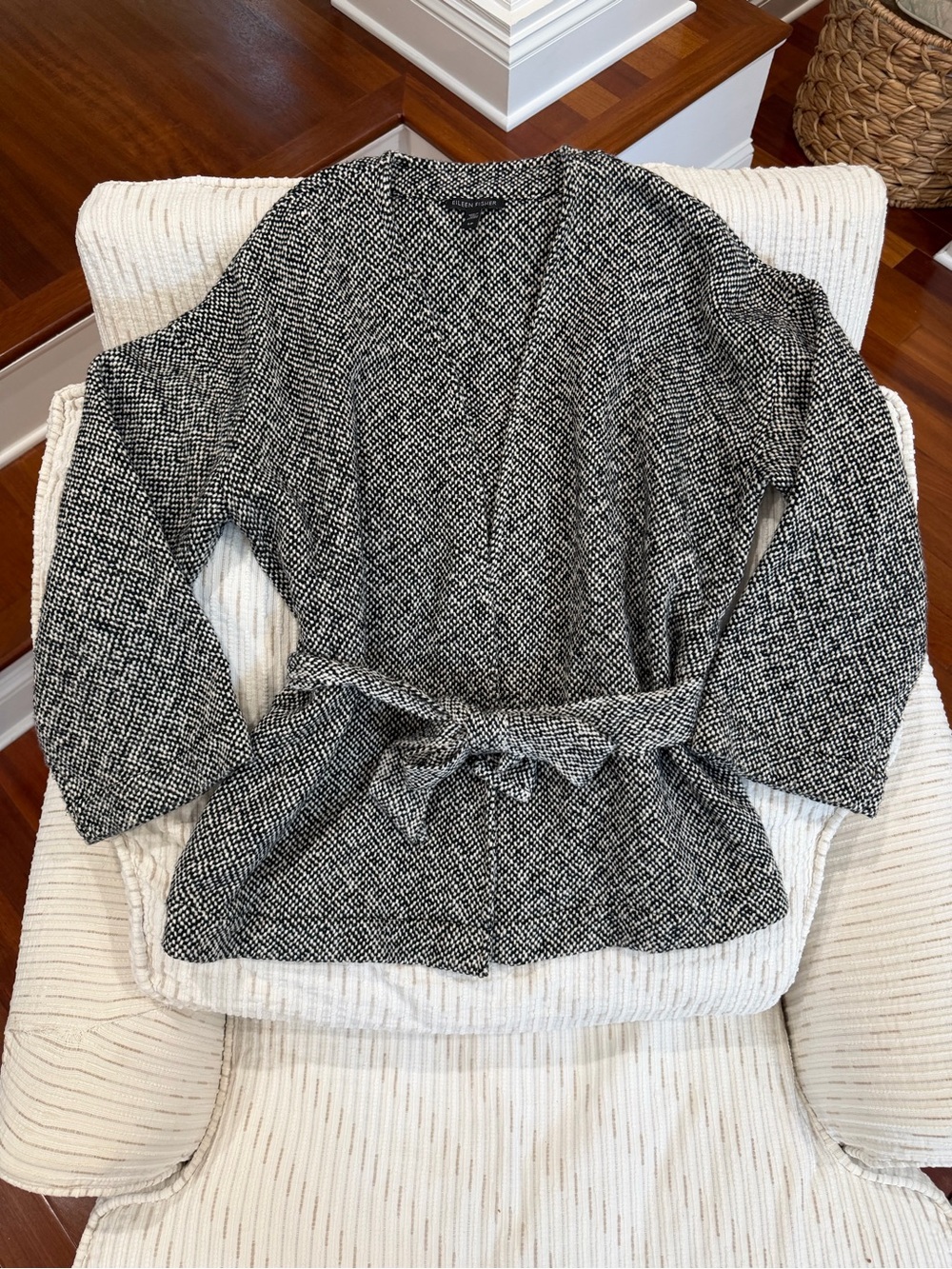 Eileen Fisher Lagenlook Organic Cotton Tweed Kimono Belted Cardigan S